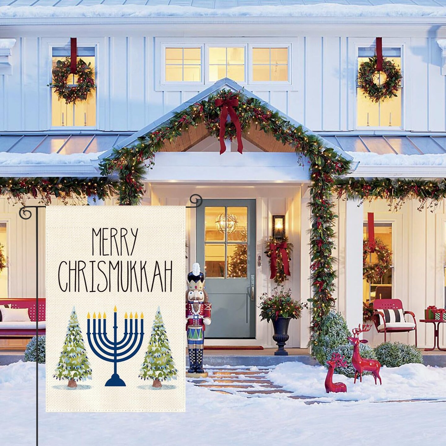 colorlife Merry Chrismukkah Menorah Christmas Tree Garden Flag Vertical Double Sided, Winter Holiday Party Yard Outdoor Decoration 12 x 18 Inch