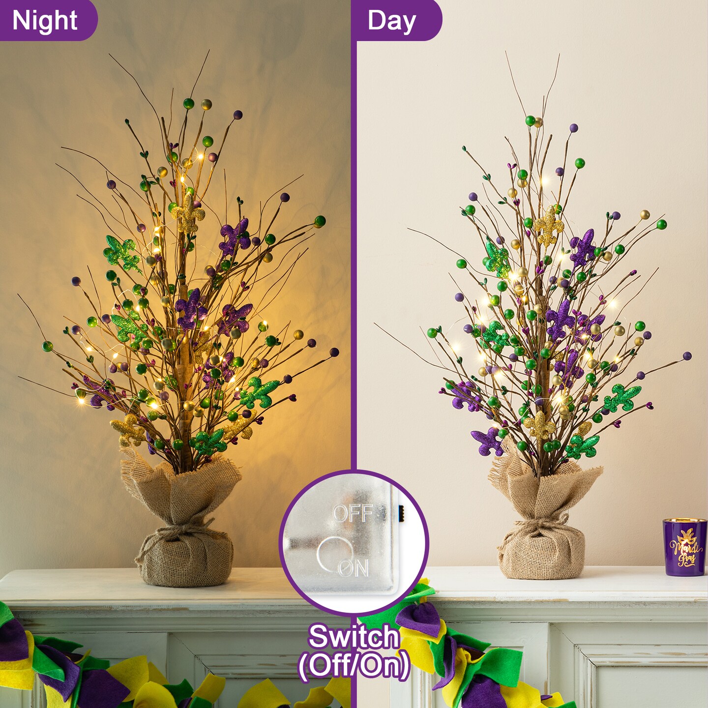 Set of 2 21"H Lighted Mardi Gras Fleur-de-Lis & Berry Table Tree