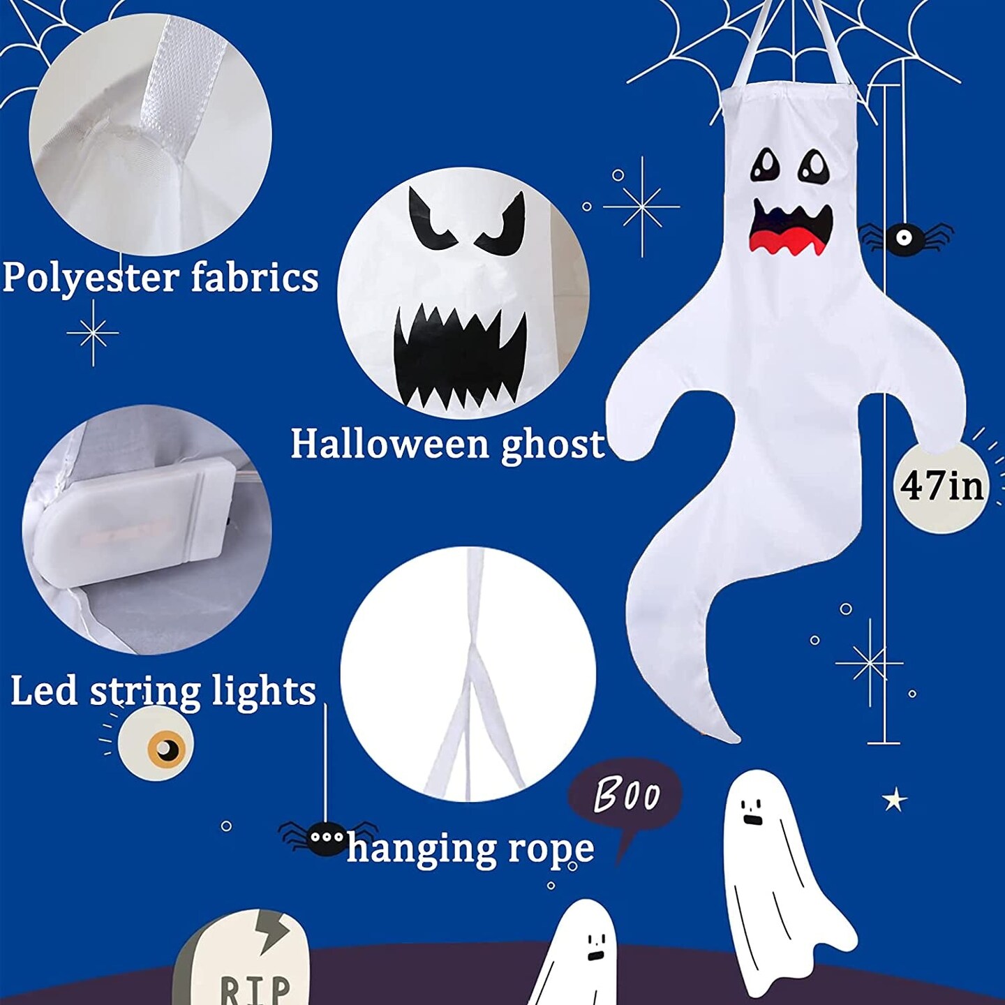 47" Halloween Ghost Windsocks Decorations with LED Light Outdoor Halloween Decorations Hanging Ghost Windsocks Décor for Halloween