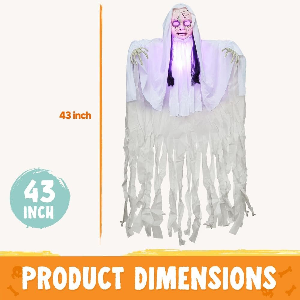 43&#x22; Halloween Hanging Ghost Decoration, Halloween Scary Hanging Ghost Girl with Light-Up Head for Halloween Outdoor, Yard, Patio Decoration, Halloween Haunted House Decorations