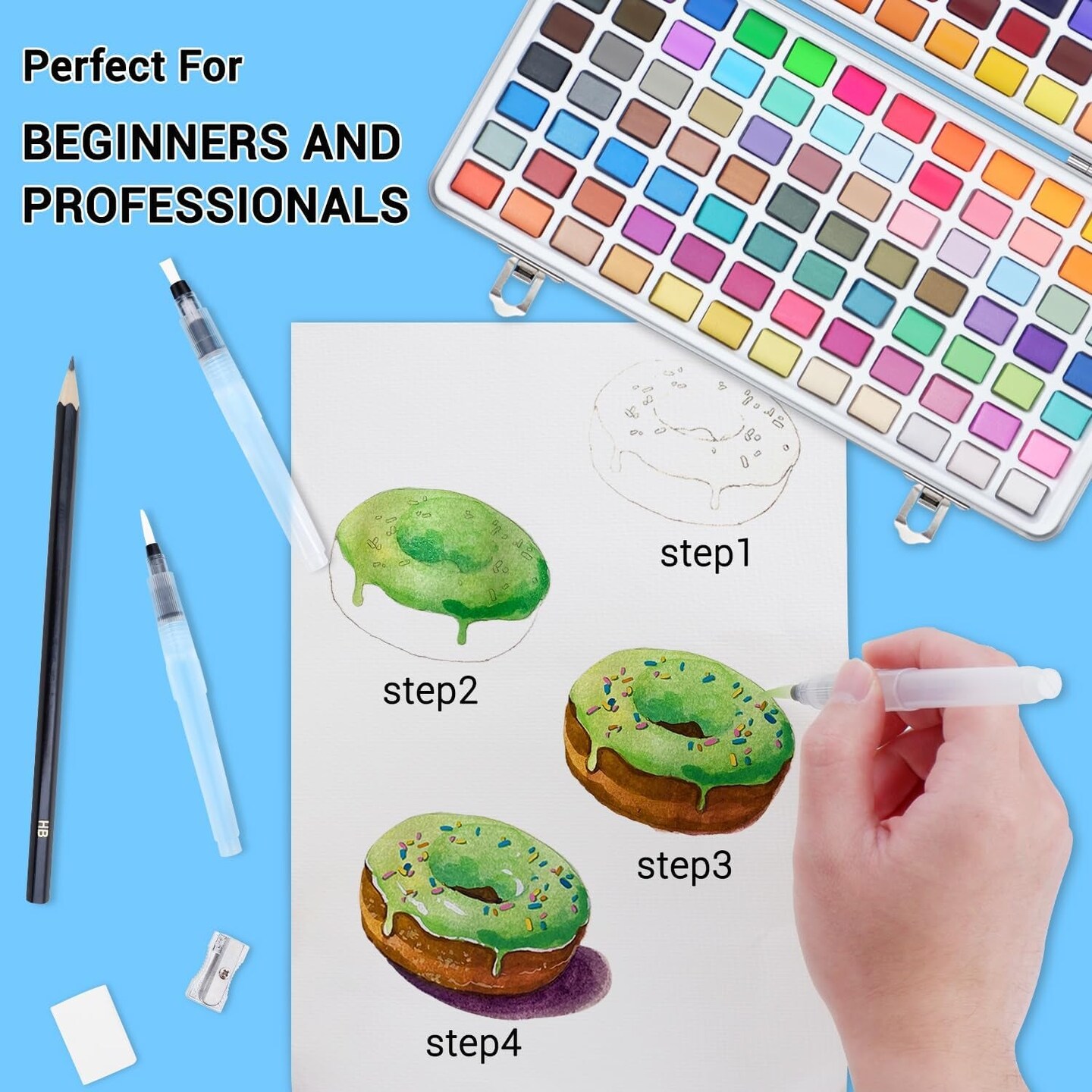 Watercolor Paint Set, 168 Vivid Colors with Regular, Macaron, Metallic &#x26; Fluorescent Colors, Travel Watercolor Set Including Palette, Water Brush Pens, Art Supplies Kit Great for Artists, Beginners