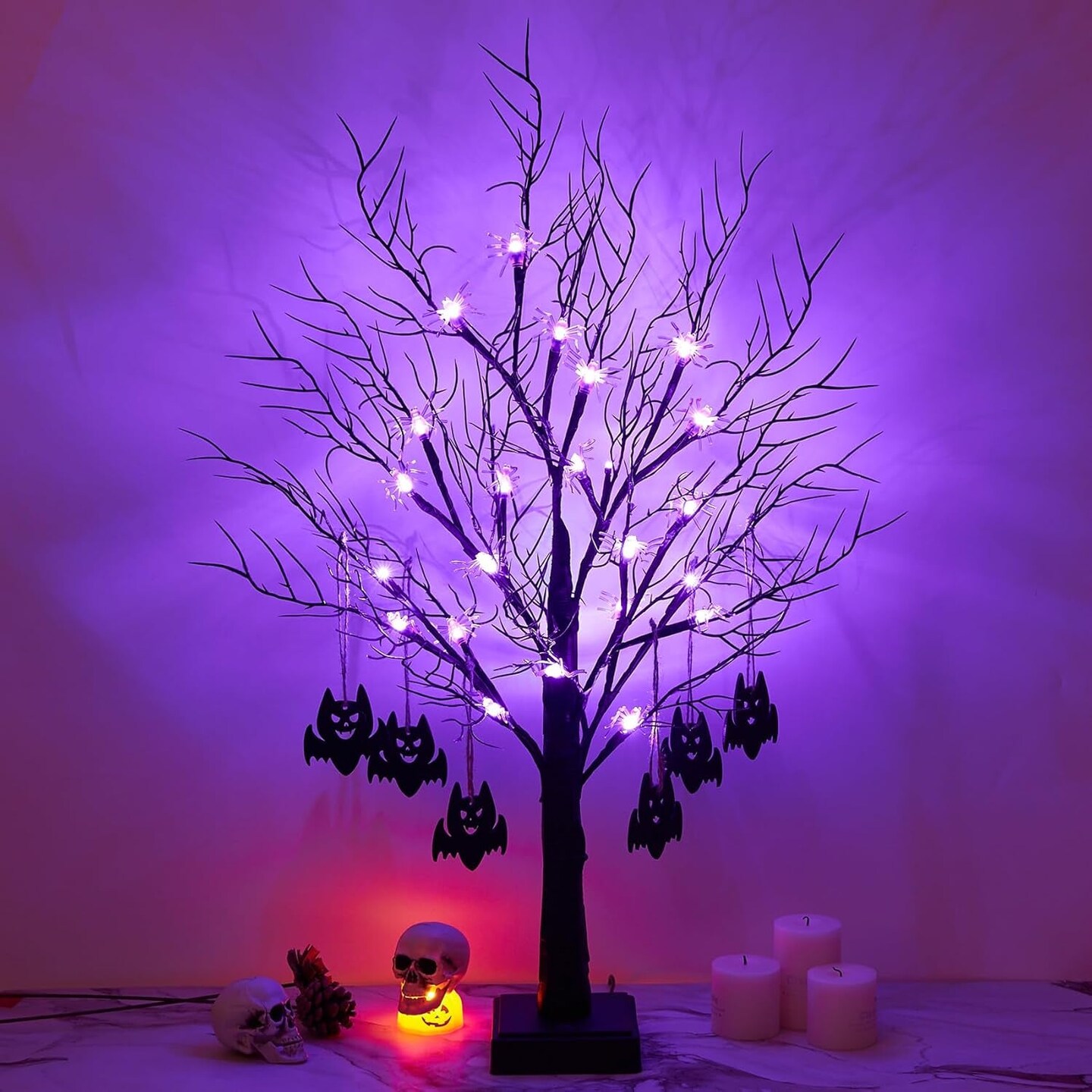 2FT Black Halloween Tree, Spooky Tree with 20 Spider & 24 Purple Lights and 6 Bat Decorations Battery Powered Tabletop Bonsai Tree Decoration for Halloween and Indoor