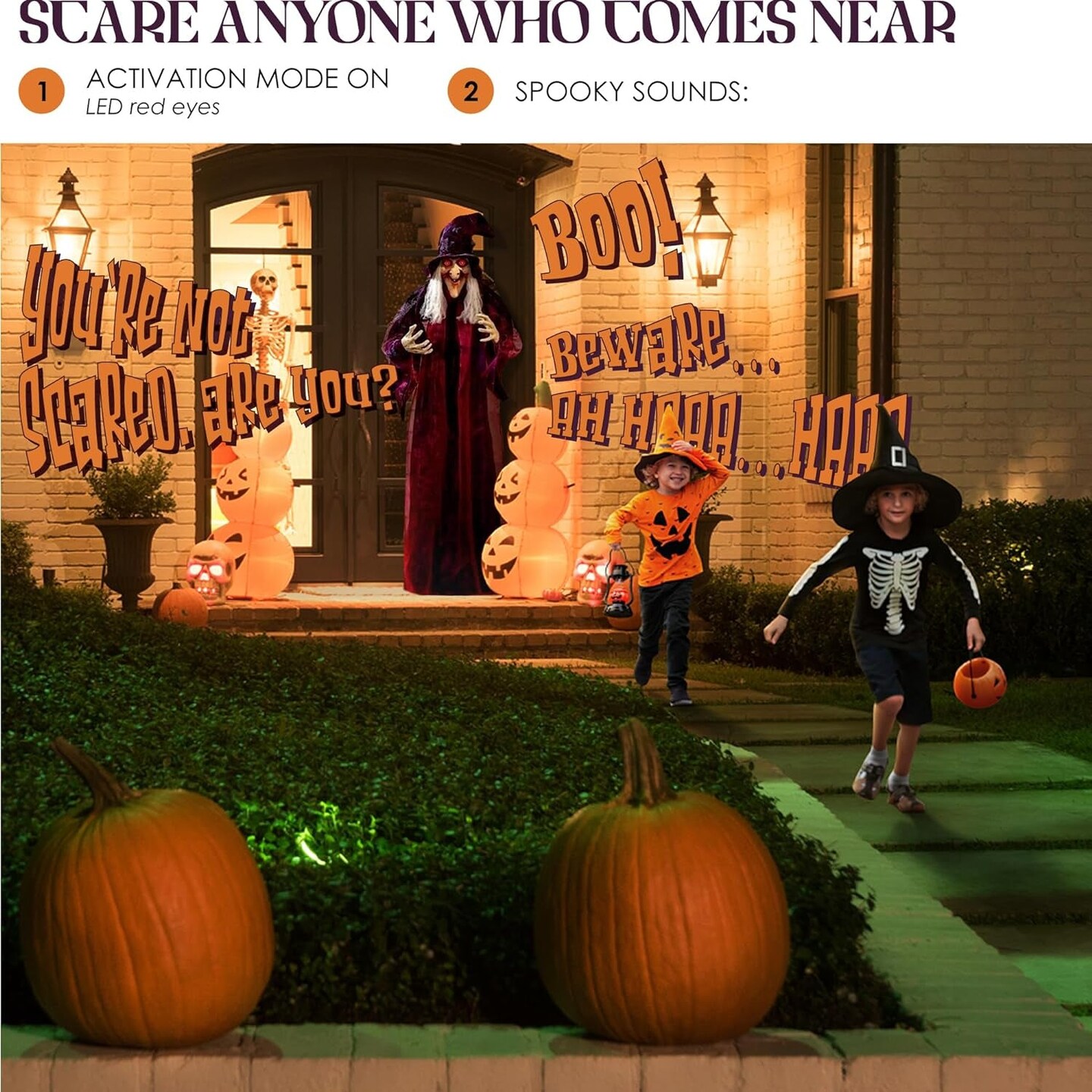 Life Size Hanging Talking Witch - Animated Halloween Witch with Sound Activation and Red Eyes for Outdoor &#x26; Indoor Decor - Old, Spooky and Scary Flying Animatronic Witch for Halloween Decorations