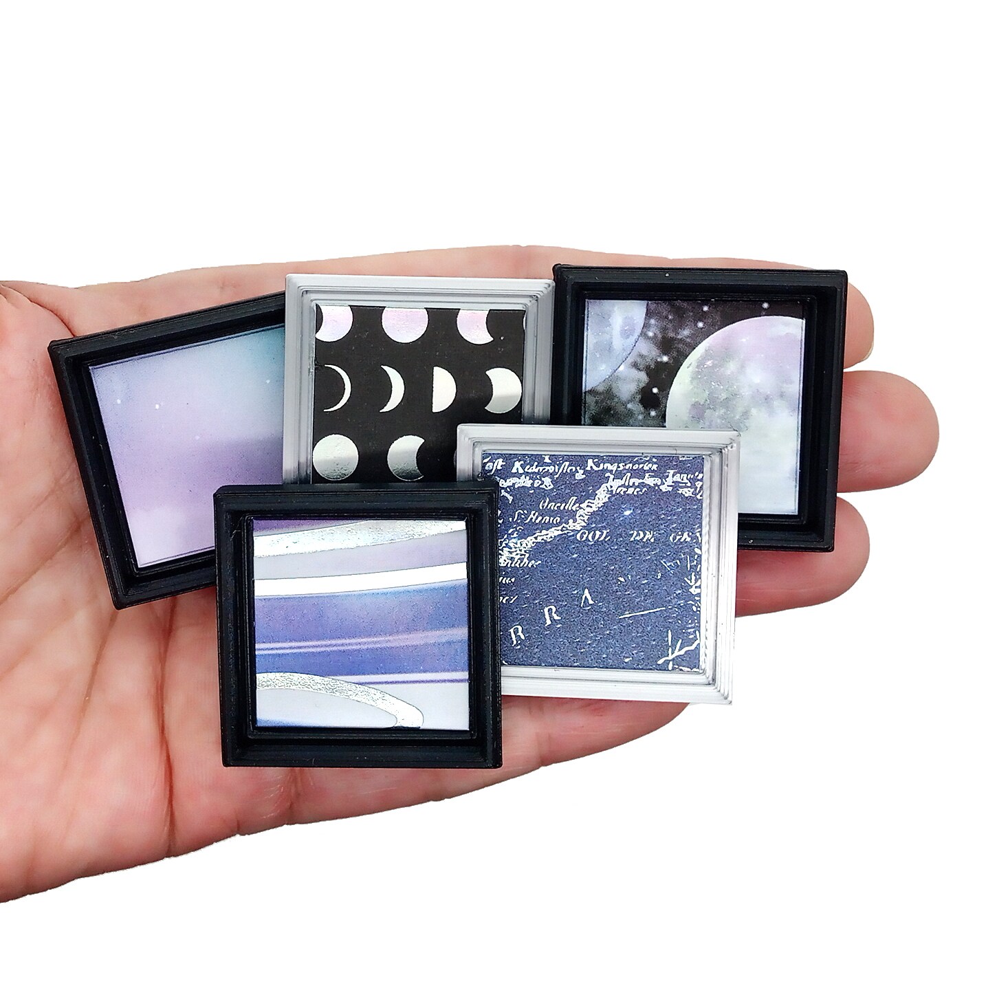 Galaxy Wall Art for Dollhouses, 8 pc, Celestial Decor 1:12 Scale, Purple Black & Silver, Adorabilities