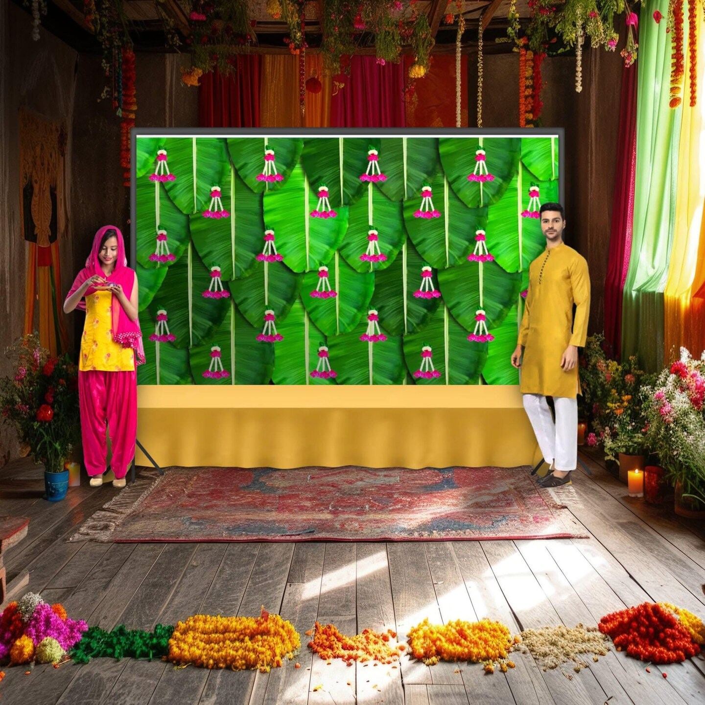 Banana Leaf Backdrop 5x8 Feet Backdrop Indian Traditional Cloth Backdrop Pooja Backdrop Indian Wall Art Photo Decor Banner Diwali Decor Wedding Backdrop Decorative Pooja Cloth