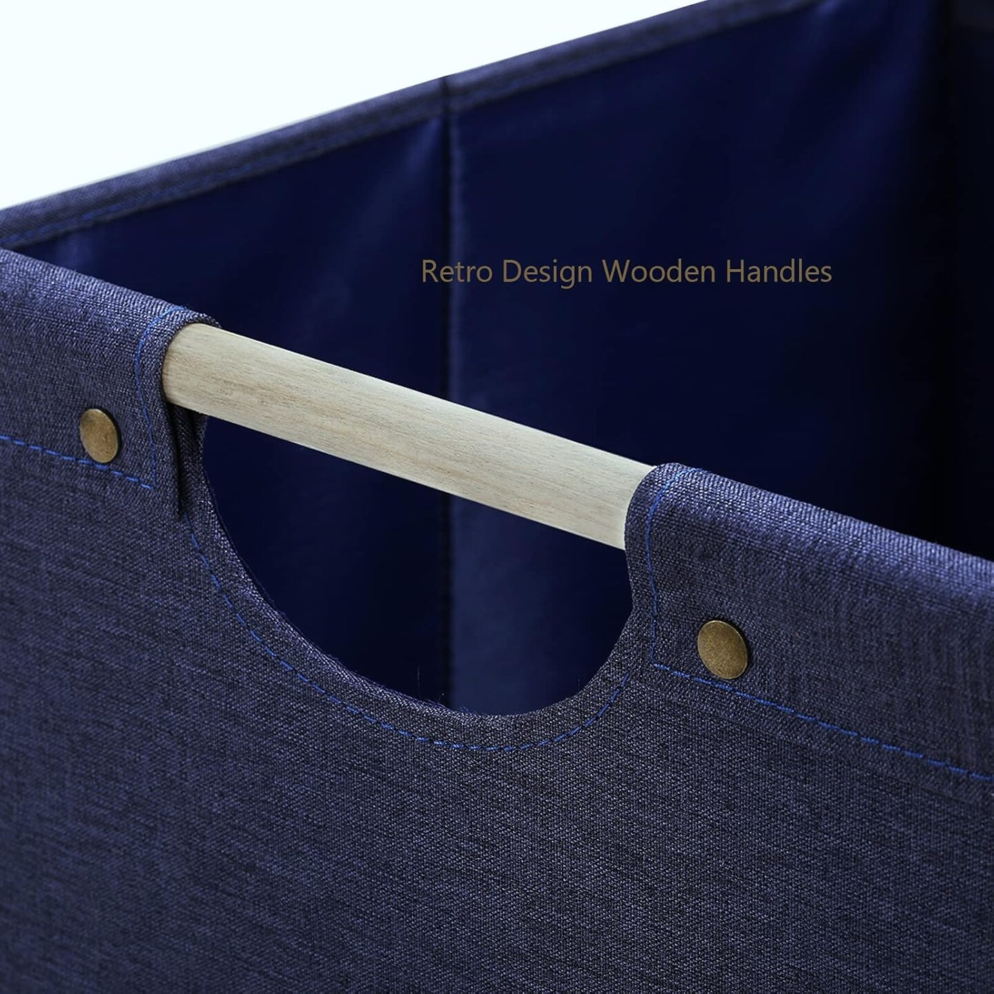 Large Foldable Storage Bins, Linen Fabric, Pack of 2, Storage Baskets with Wooden Carry Handles and Sturdy Heavy Cardboard