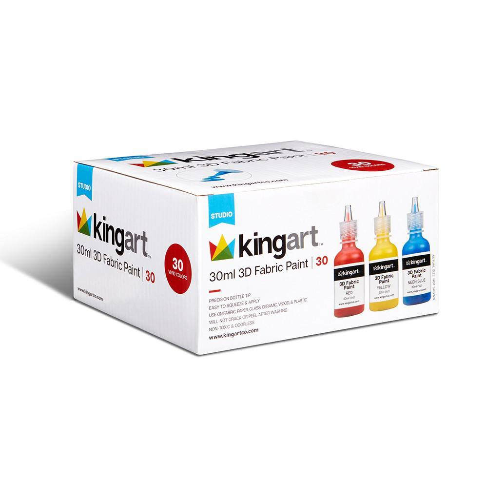 KINGART&#xAE; Permanent 3-D Fabric Paint, Set of 30 Colors, 30ml Bottles, Washer &#x26; Dryer Safe, Textile Paint for Clothes, T-Shirts, Jeans, Bags, Shoes, Art and Craft Supplies for DIY Projects