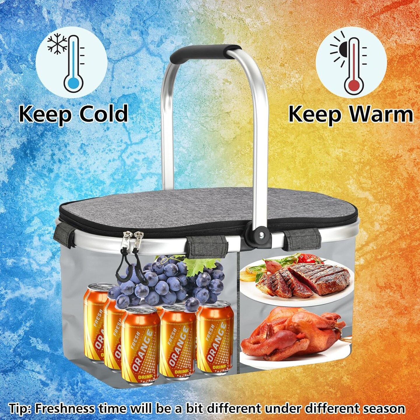 Insulated Cooler Bag Multipocket Collapsible Picnic Basket Leak-Proof Outdoor Basket for Camping Meal Delivery Shopping Travel Camping Beach Grocery Bag (Gray Medium)