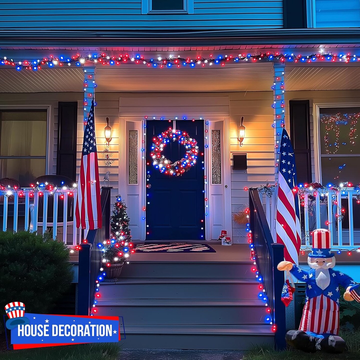500 LED Red White and Blue Lights 4th of July Decorations, 173ft 8 Modes 4th of July Lights Outdoor, Waterproof Patriotic String Light Plug in for Memorial Day Independence Day Holiday Decor
