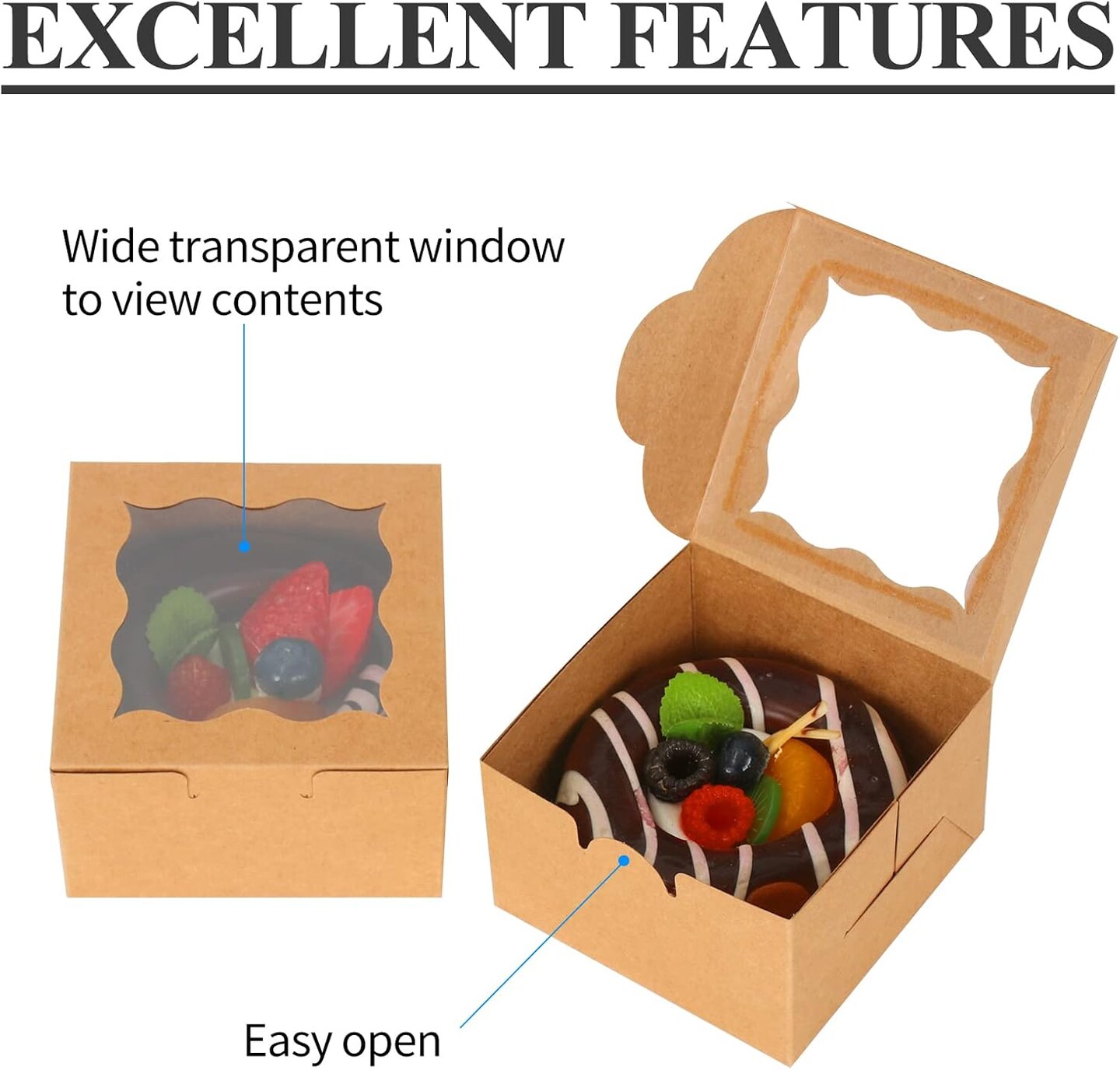 60 Pcs Brown Bakery Boxes with Window Individual Cupcake Boxes 4x4x2.5 Inches Cookie Boxes Kraft Paper Brown Gift Box for Pastries, Cookies, Pie, Donuts, Macaroon (60, Brown)