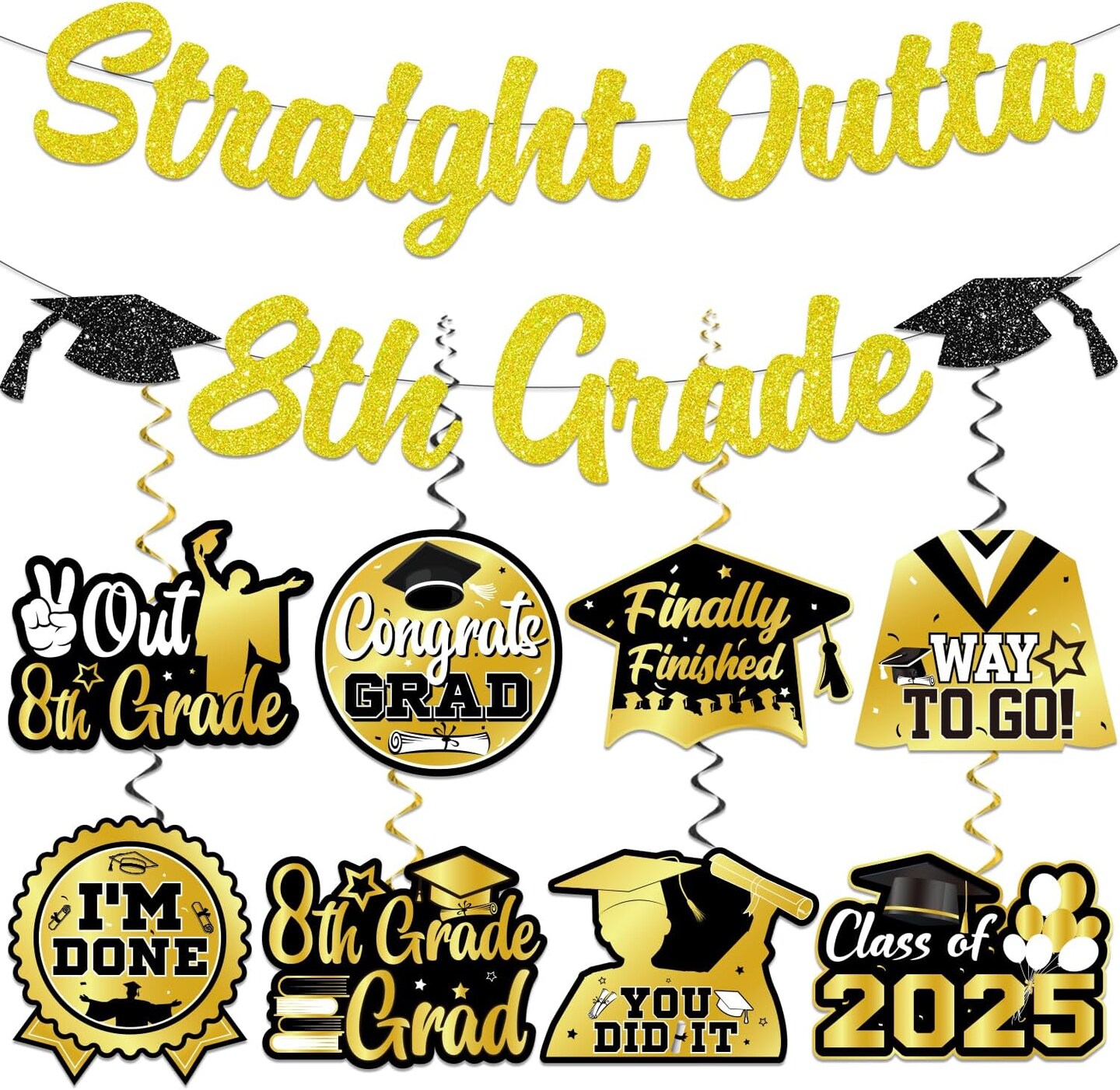 Glitter Straight Outta 8th Grade Party Decorations Banner Swirls, NO-DIY 8th Grade Graduation Decorations, Black Gold 8th Grade Graduation Banner Hanging Swirls, Middle School Graduation Decorations
