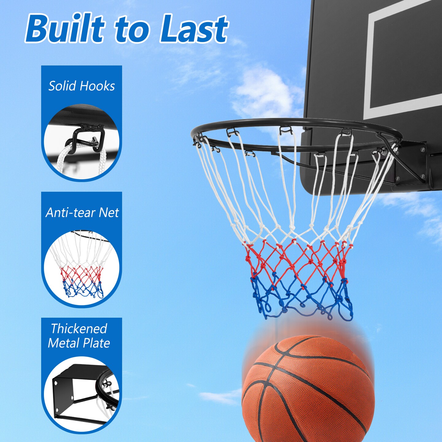 15 Inch Basketball Rim Goal Replacement with All Weather Net and Metal Pipes Perfect for Indoor or Outdoor