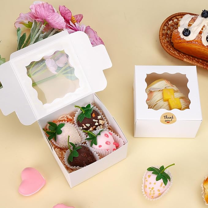 50pcs White Cookie Boxes with Window, 4x4x2.5 Inches Bakery Boxes with 5pcs Stickers for Small Cookies, Treats, Desserts, Chocolate Covered Strawberries, Mini Cake