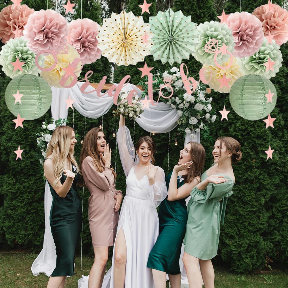 Sage Green and Dusty Pink Bachelorette Party Decorations Bridal Shower Decorations Bride to Be Banner Sage Green Dusty Pink Paper Pom Poms Paper Star Garland Engagement Wedding Shower Party Decor