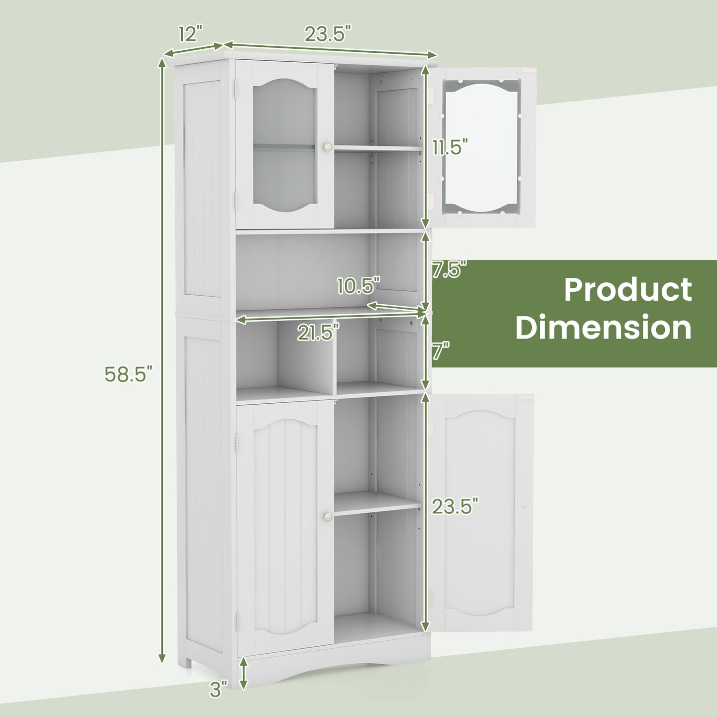 58.5 Inch Freestanding Linen Bathroom Storage Cabinet with Frost Glass Doors