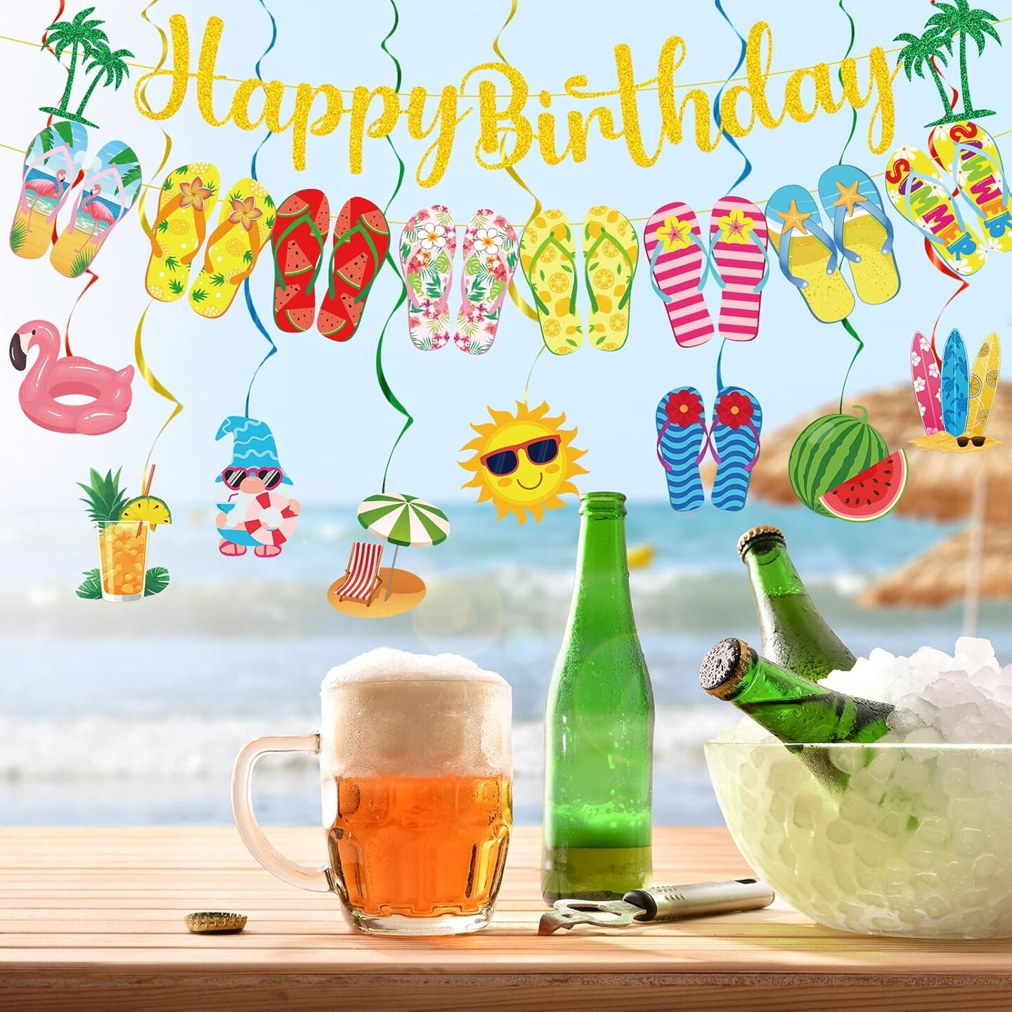 Summer Birthday Party Decorations - Beach Party Pool Decor 10PCS Hanging Swirl Banner Flip Flop Slippers Swirls Summer Birthday Hawaiian Supplies for Holiday Celebration Outdoor