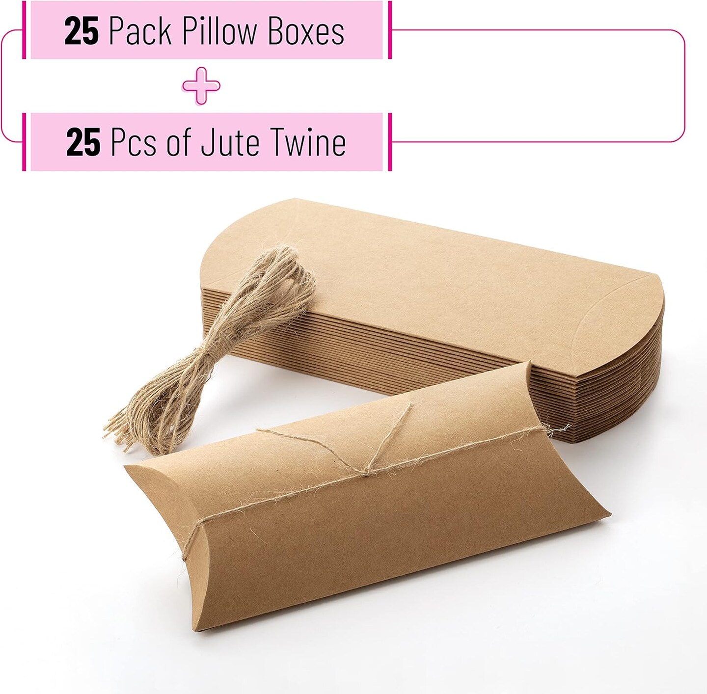 Kraft Pillow Boxes, 6.3x3.4x1.3 in, 25 Pack with Jute Twines, Kraft Gift Boxes, Paper Boxes for Gifts, Paper Pillow Candy Box, Pillow Boxes Craft, Favor Gift Boxes