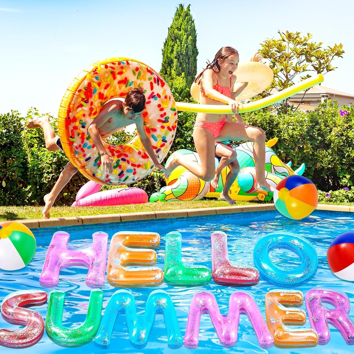 Hello Summer Floating Pool Letters Summer Party Decoration Inflatable Floats Letters Decoration Surfboard Hawaiian Luau Inflatable Signs with 4 Beach Balls