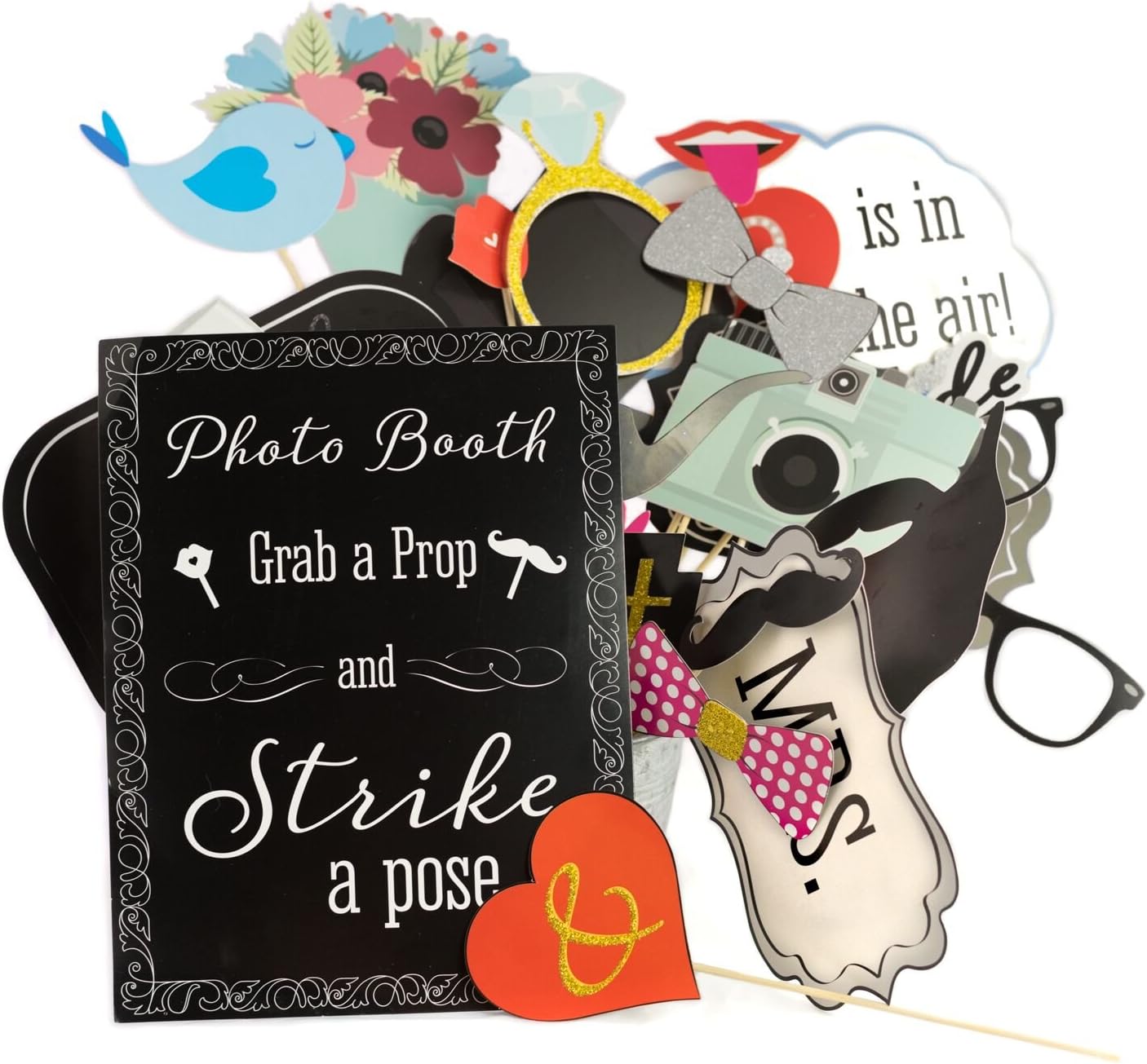 Wedding Photo Booth Props with 8 x 10-Inch Sign, 45 Adhesive Pads, 35 Wooden Sticks - Signs for Wedding Backdrop and Selfie Station