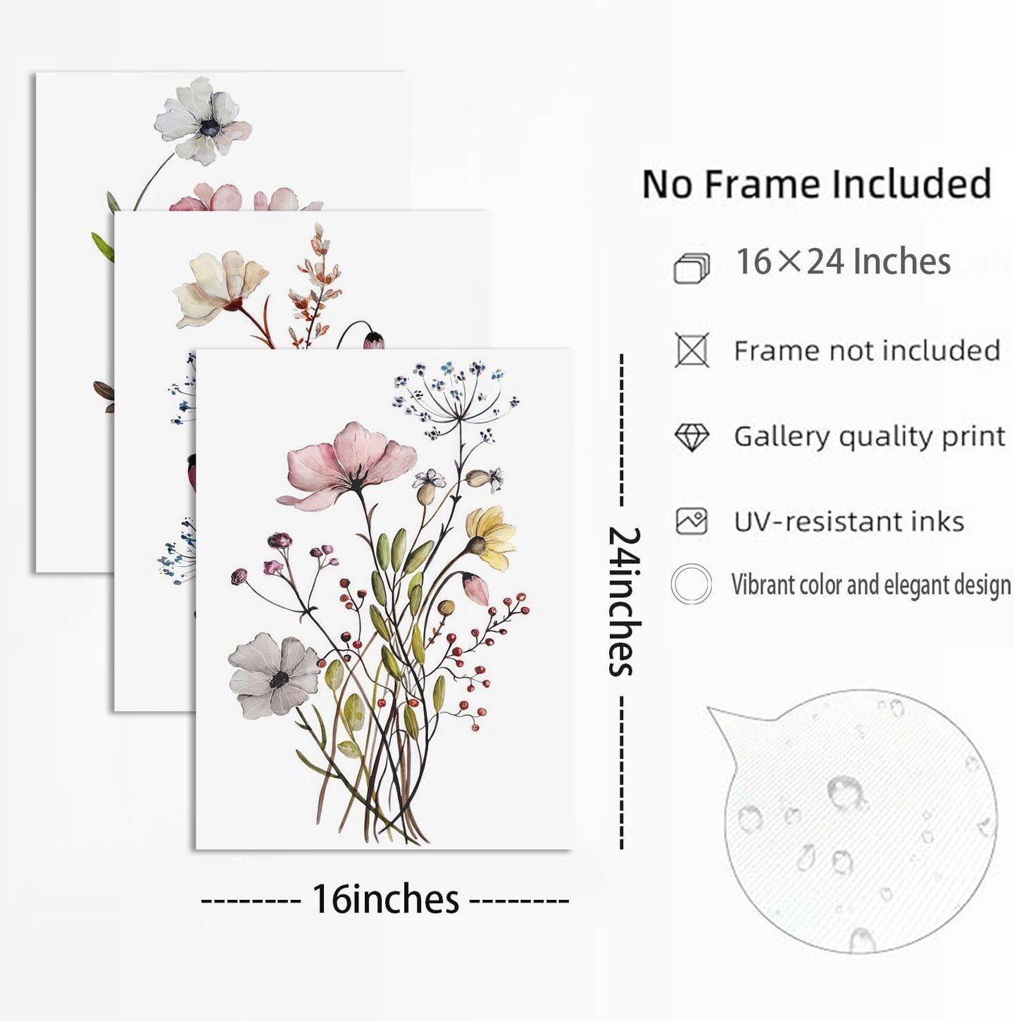 Wildflower Poster Pink Watercolor Botanical Floral Wall Art Colorful Canvas Prints Set of 3 Modern Minimalist Flower Pictures Decor Painting Bedroom Bathroom Living Room Unframed