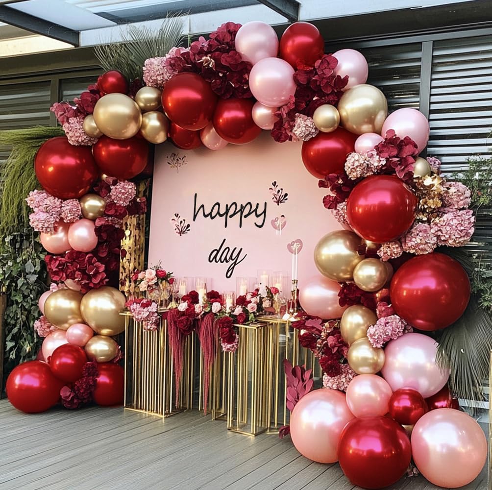Burgundy Pink Balloon Garland - Double Stuffed Ruby Red Pearl Pink Gold Balloon Arch Kit Wine Red Maroon Metallic Balloons for Birthday Baby Bridal Shower Mother's Day Engagement Wedding Party Decor