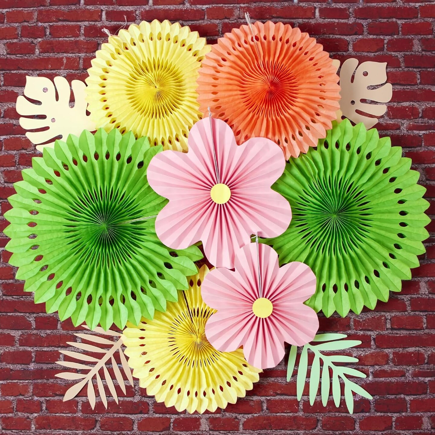 Paper Flowers Pink and Green Party Decorations Hanging Fans Spring Summer Decor for Wall Wedding Backdrop Bridal Shower Birthday - 9Pcs