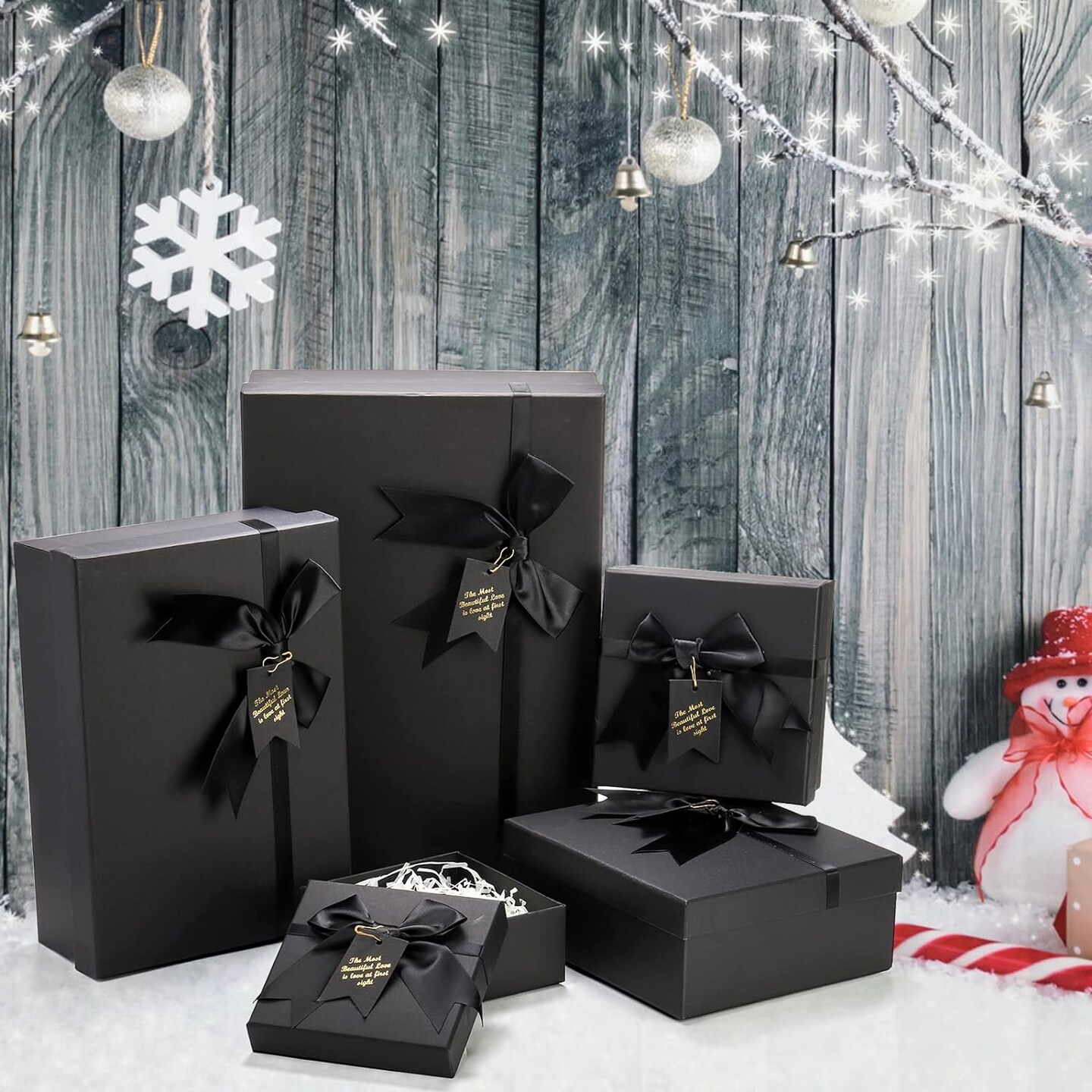 5 Pack Black Nested Gift Boxes with Lids – Luxury Pre-Assembled Boxes with Ribbons & Labels for Valentine's Day, Birthdays, Weddings, Mother's Day (13.7"–5.1")