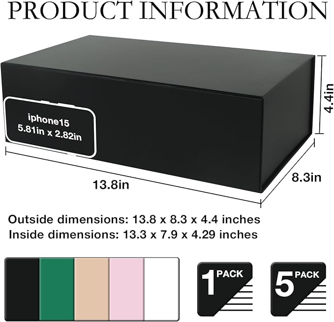 Large Black Gift Box with Magnetic Lids 13.8x8.3x4.4 in, Bridesmaid Groomsman Proposal Boxes, Collapsible Rectangle Storage Box 5 Pack