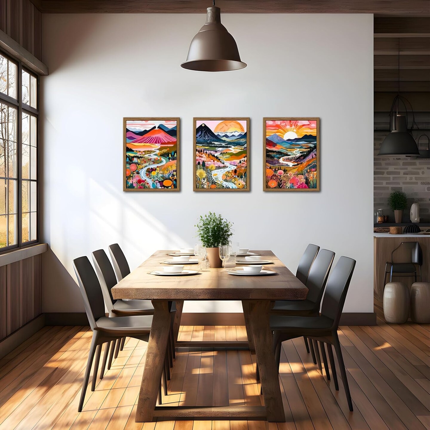 Wood Frame Boho Colorful Wall Art, Set of 3 Abstract Watercolor Mountain Landscape Wall Decor Painting, Modern Flower Aesthetic Posters Prints for Living Room Bathroom Bedroom 12x16In Framed