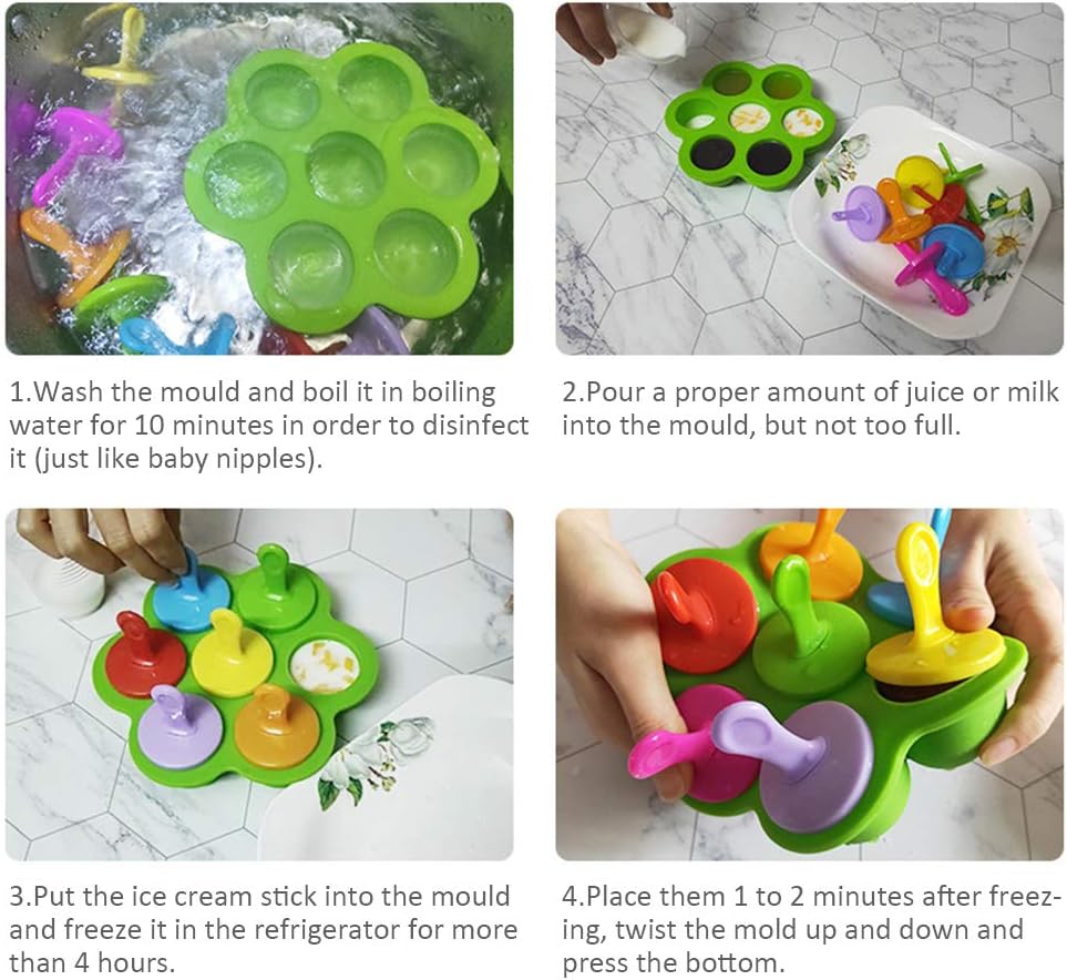 Mini Silicone Popsicle Mold, 7-cavity DIY Ice Pop Mold with Colorful Plastic Sticks, Popsicle Makers for Egg Bites, Lollipop and Ice Cream Mould, Baby Food Storage Container, Non-Stick Ice Cube Trays