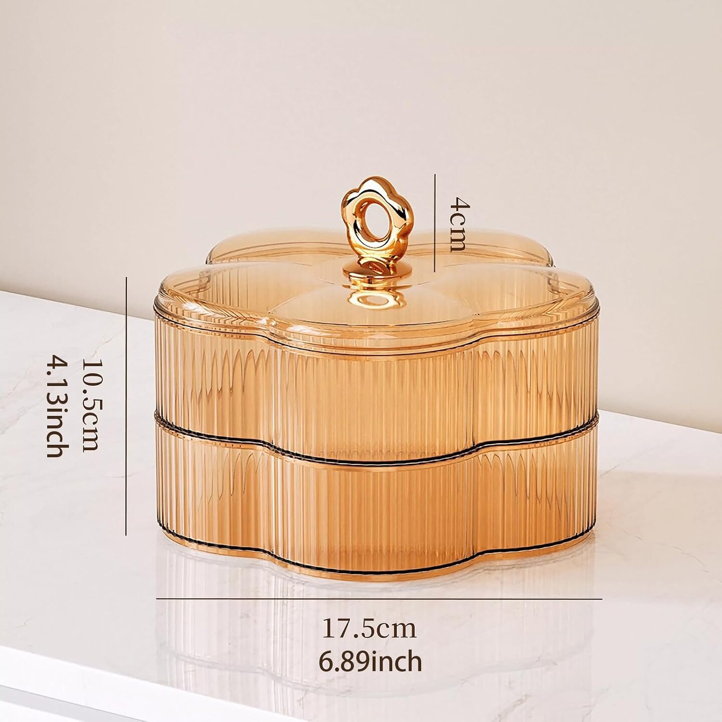 Acrylic Jewelry Organizer Box – 2-Layer Floral Storage Box with Handle for Earrings, Rings, Necklaces, Bracelets – Clear Amber Jewelry Container for Women & Girls