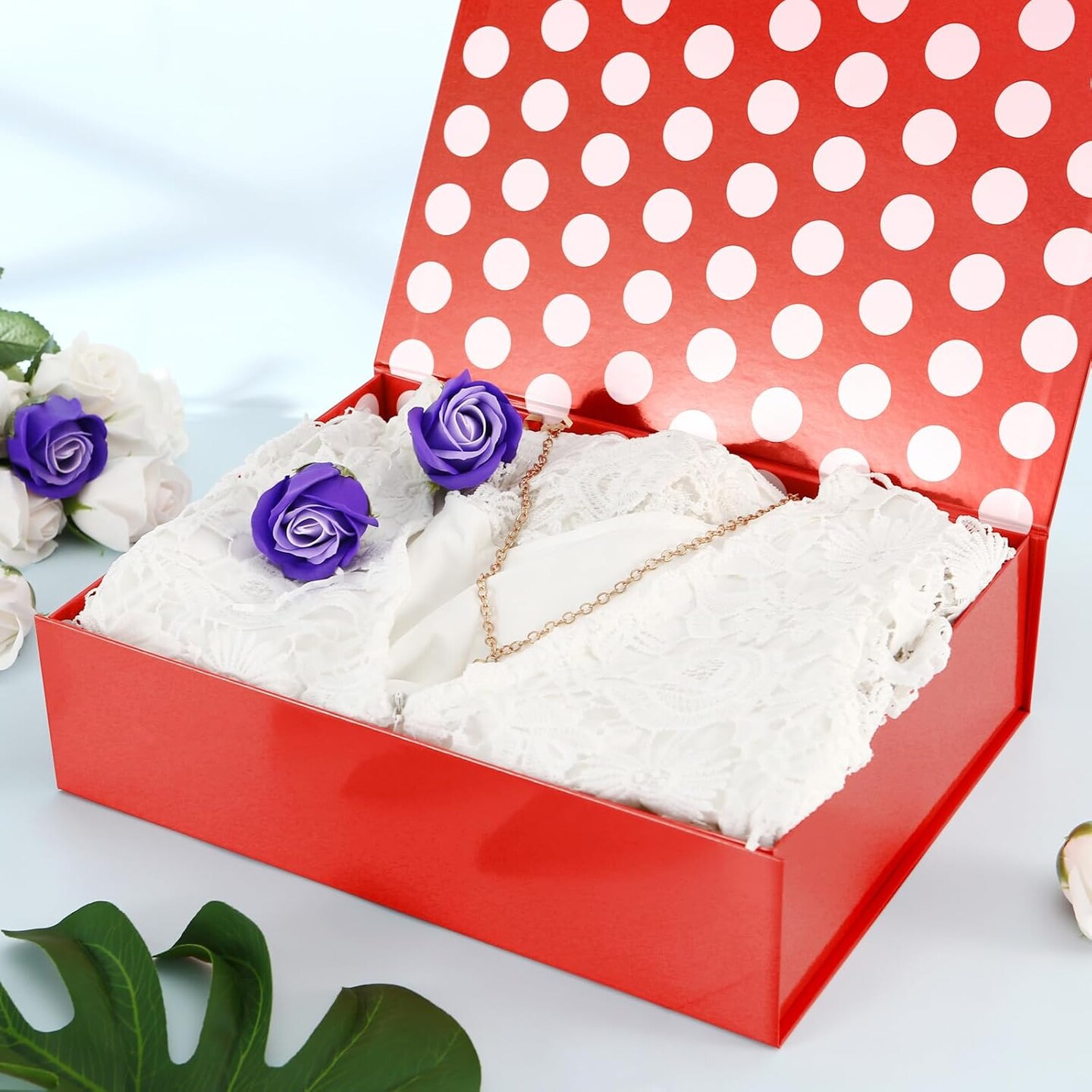 ift Box 13x9.7x3.4 Inches, Large Red Gift Box with Lid for Presents, Mom Day Magnetic Shirt Gift Boxes for Clothes (Glossy Metallic Red, Dot Design Inside)