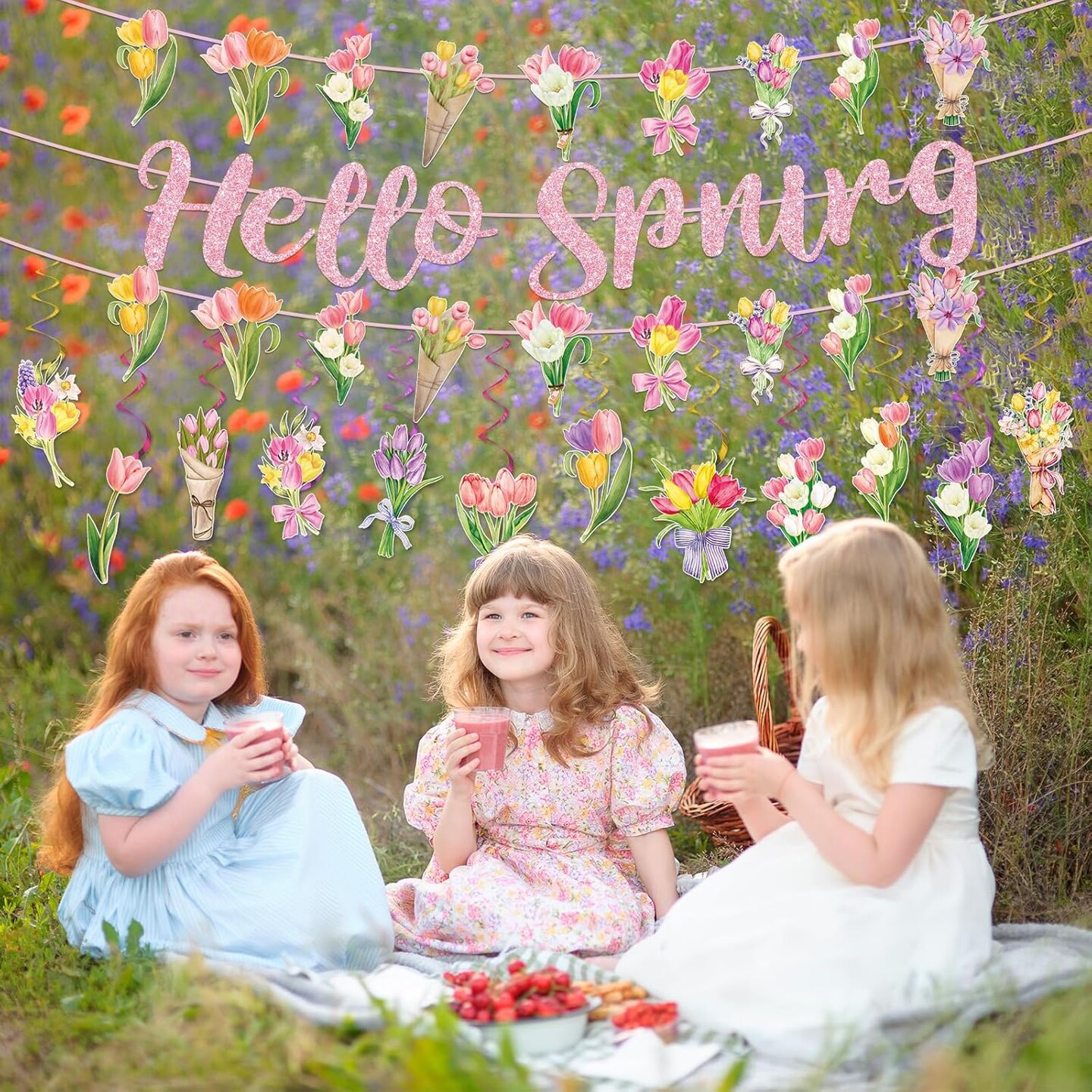 Spring Party Decorations, Hello Spring Hanging Swirls Sign Watercolor Tulip Flower Party Banner for Spring Summer Easter Baby Shower Home Office Classroom Decor