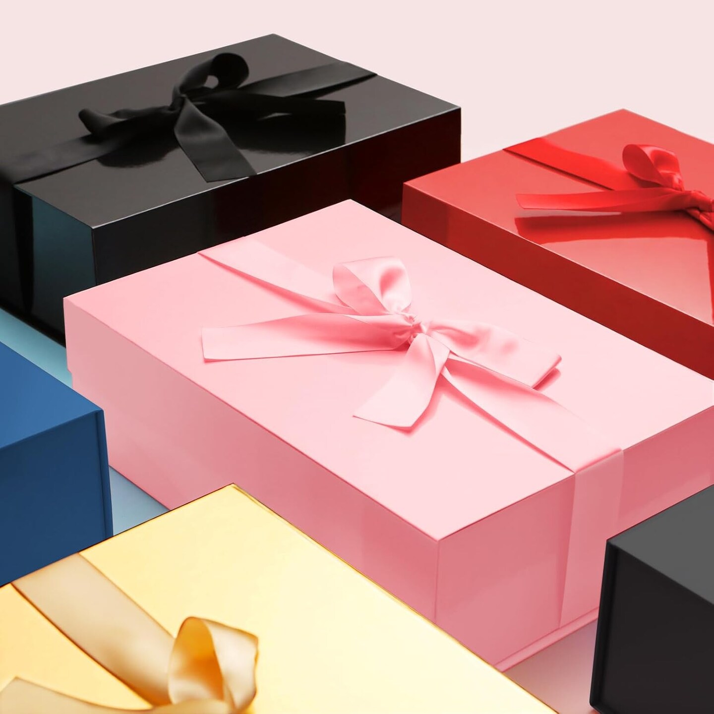 Large Black Gift Box with Ribbon and Lid, 11.5x8.1x3.8 Inches, Groomsman Proposal Boxes, Magnetic Gift Box for Presents (Glossy Black)