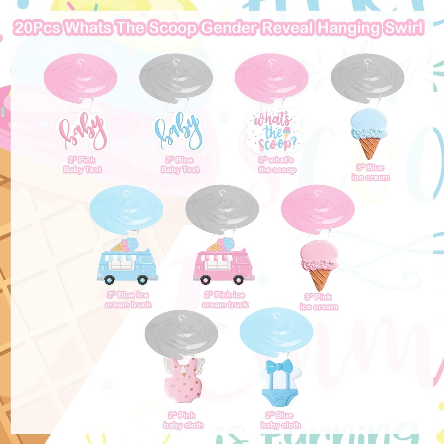 Ice Cream Gender Reveal Party Summer Decor, Pastel Ice Cream What&#x27;s the Scoop Hanging Swirls, Pink Blue Ceiling Streamers for Summer Ice Cream Theme He or She Boy or Girl Baby Shower Mom To Be Party Supplies