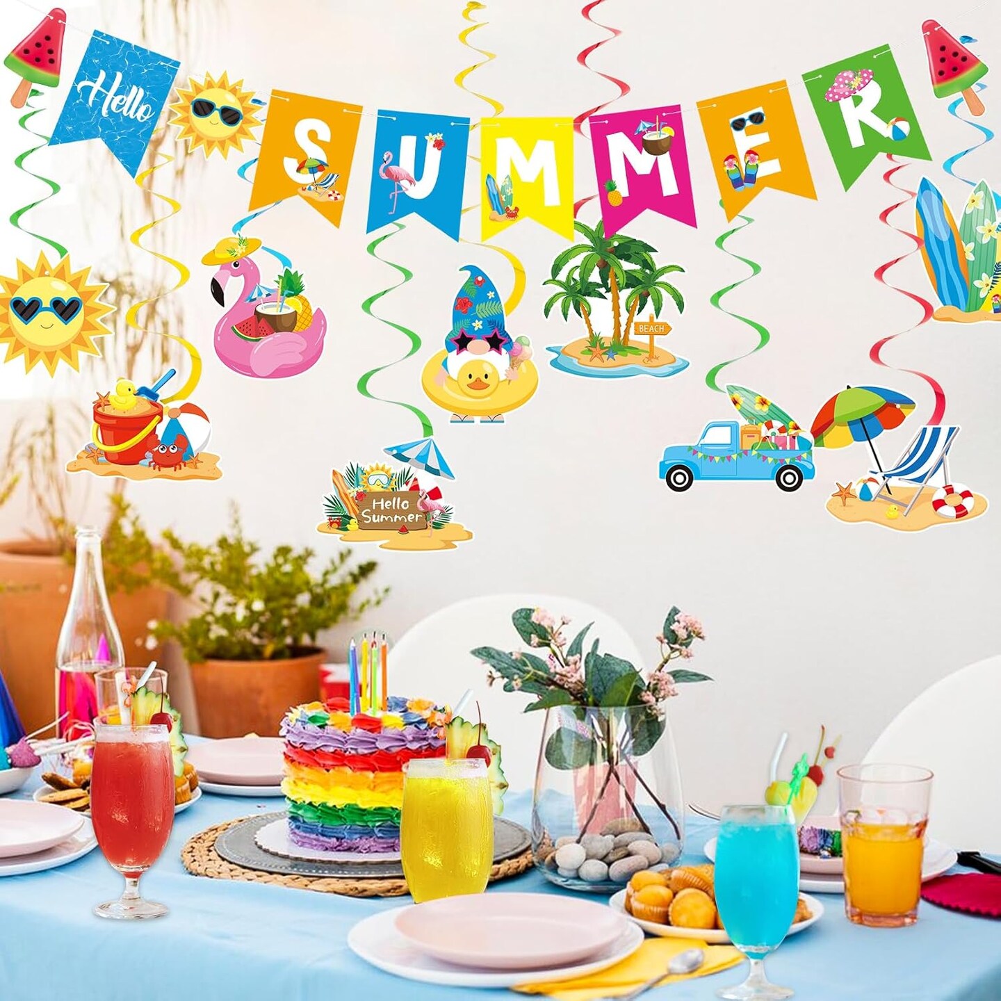 Summer Party Decorations, Beach Party Decorations Hello Summer Banner &#x26; No-DIY Pool Party Decorations Hanging Swirls Streamers Ceiling Decor for Kids Luau Hawaii Home Office School Classroom