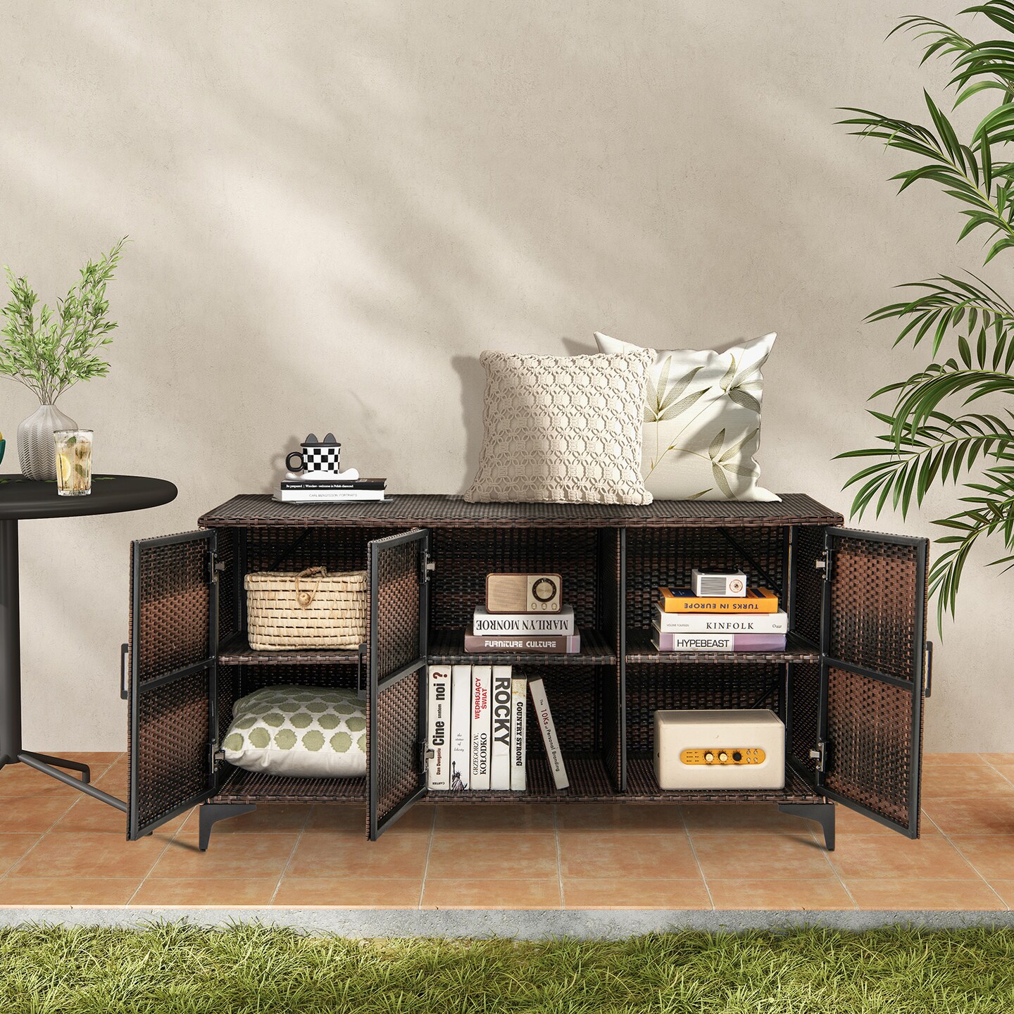 PE Rattan and Metal Storage Box with 84-Gallon Capacity and Removable Shelves