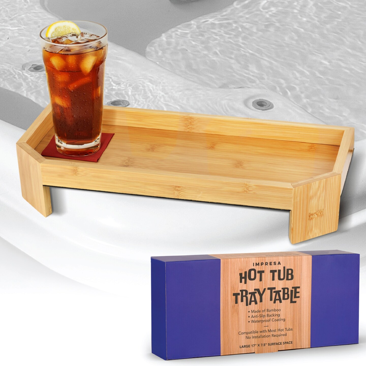 Impresa Bamboo Hot Tub Tray Table, Waterproof, UV-Coated Side Table Caddy with Anti-Slip Backing for Drinks, and Essentials, 17&#x22; x 7.5&#x22;