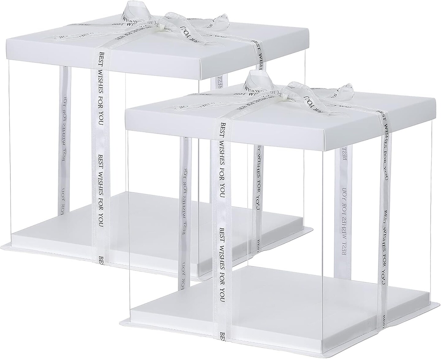 2-Pack Large Cake Boxes, 10"x10"x9" Clear PET Cake Carrier with Ribbon & Pre-Folded Lid – Perfect for 8" Cakes, Layer Cakes, Cupcakes, Desserts, and Gift Display (White Base)