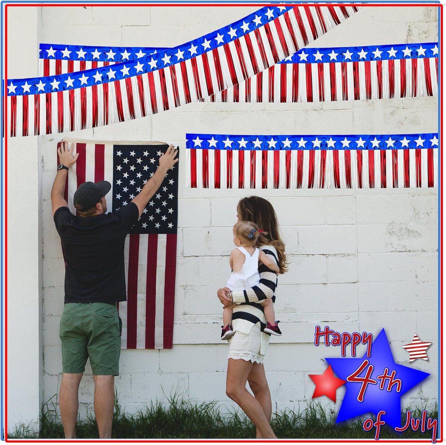 4 Pack Parade Floats Foil Fringe, Each 10 ft x 15'' American Flag Stripes and Stars Tinsel Patriotic foil Fringe Garland for 4th of July Trailer Car Graduation Homecoming Party (4 Pack)…