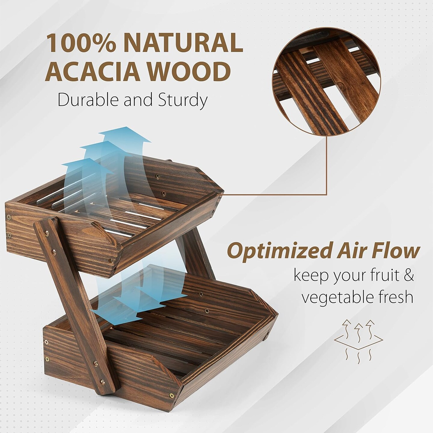Large Capacity 2-Tier Wooden Fruit Basket, Durable Acacia Wood, 10.5&#x22; Tall, Spacious for Produce, Vegetables, Bread Storage and Home Kitchen Countertop