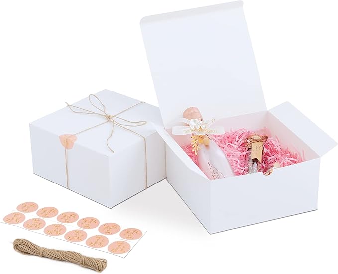 White Gift Boxes for Presents with Lids, 12 Pack 8x8x4 Inch, 80ft Twine, Stickers &#x26; Tape - Easy Assemble for Bridesmaid Proposal, Wedding, Party Favors