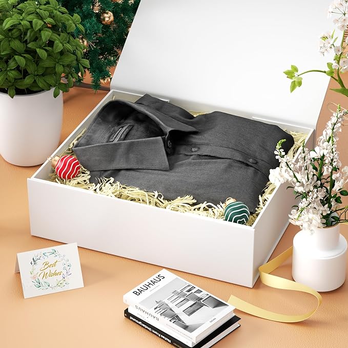 Gift Boxes with Lids, 11.5x7.8x3 In White Gift Box for Presents Magnetic Closure for T-Shirts, Gloves, Scarves, Books, Baby Clothes, Robes Clothing Gift Wrap, Contains Card, Ribbon