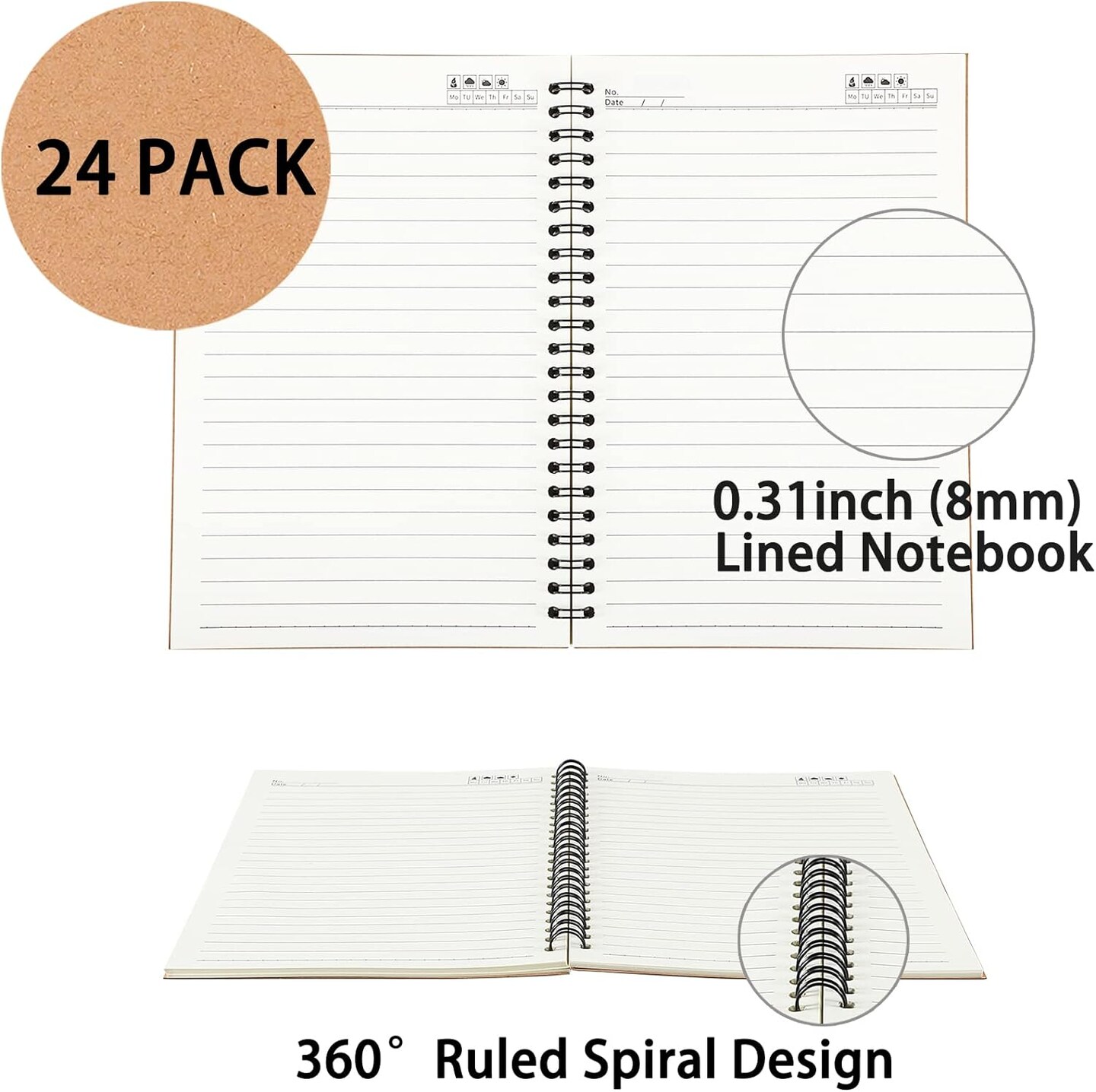 24 Pack A5 Spiral Notebooks Journal with Kraft Cover, 5x8 Inches, Ruled Lined Paper, for Work, Sketches, Study, Notes Taking, Gifts, Brown
