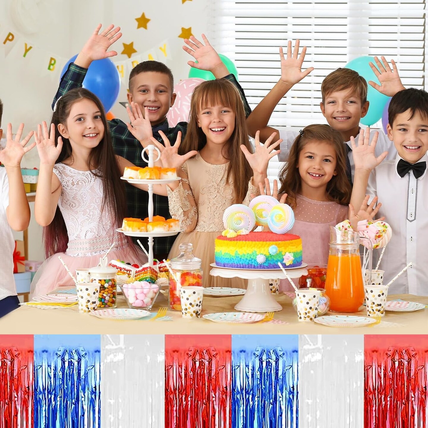4P Metallic Foil Fringe Banner Tinsel Table Skirts for Rectangle Tables Backdrop Banner Garland Curtains for Parade Floats Wedding Graduation Anniversary Birthday Parties Decoration(White Blue Red)