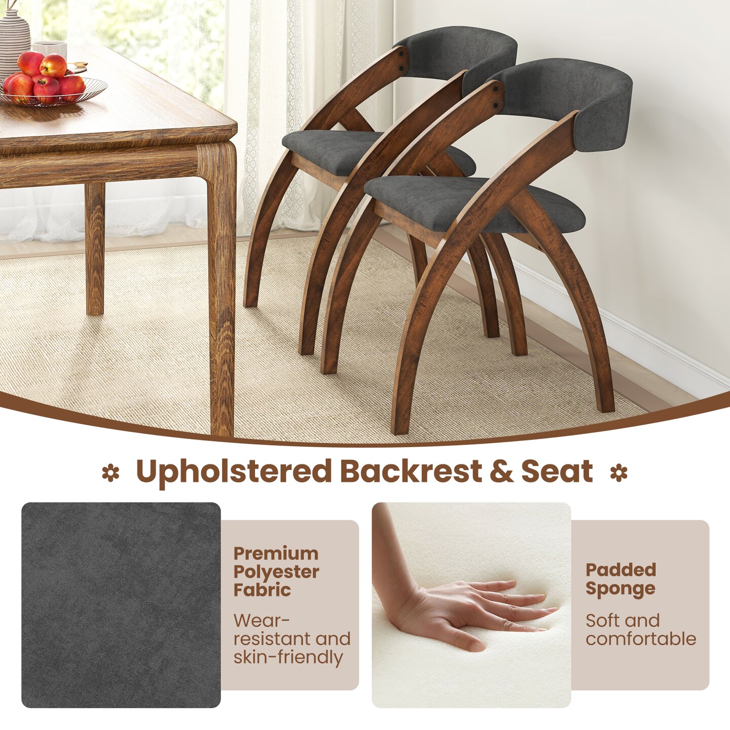 Set of 2 Y-Shaped Dining Chair with Padded Cushion Seat and Ergonomic Curved Back