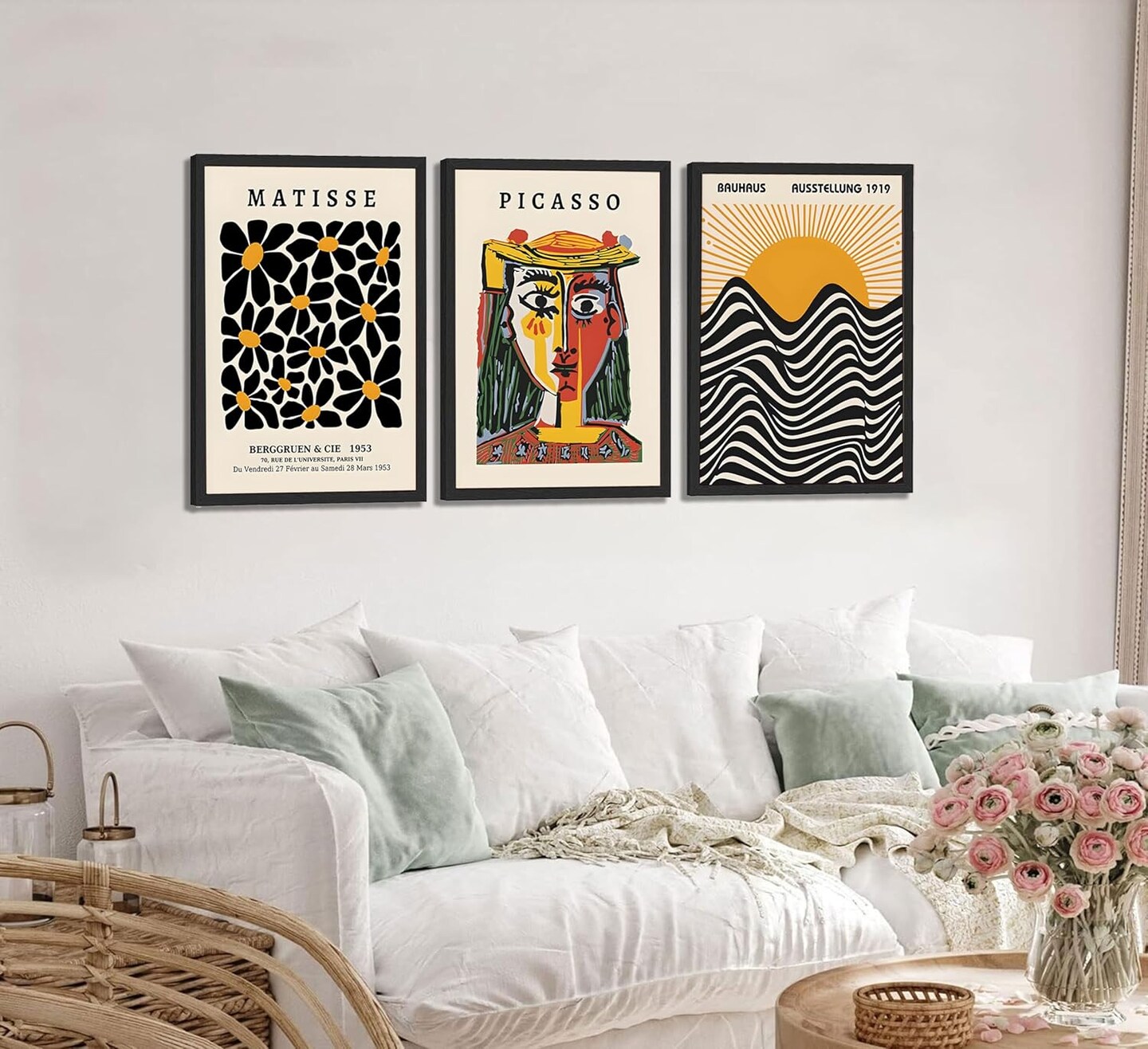 3 Pcs Picasso Matisse Bauhaus Wall Art Set Minimalist Geometric Canvas Paintings Orange Black Modern Minimalist Wall Decor Prints Posters Pictures Living Room Gallery Bedroom Decoration (Unframed,