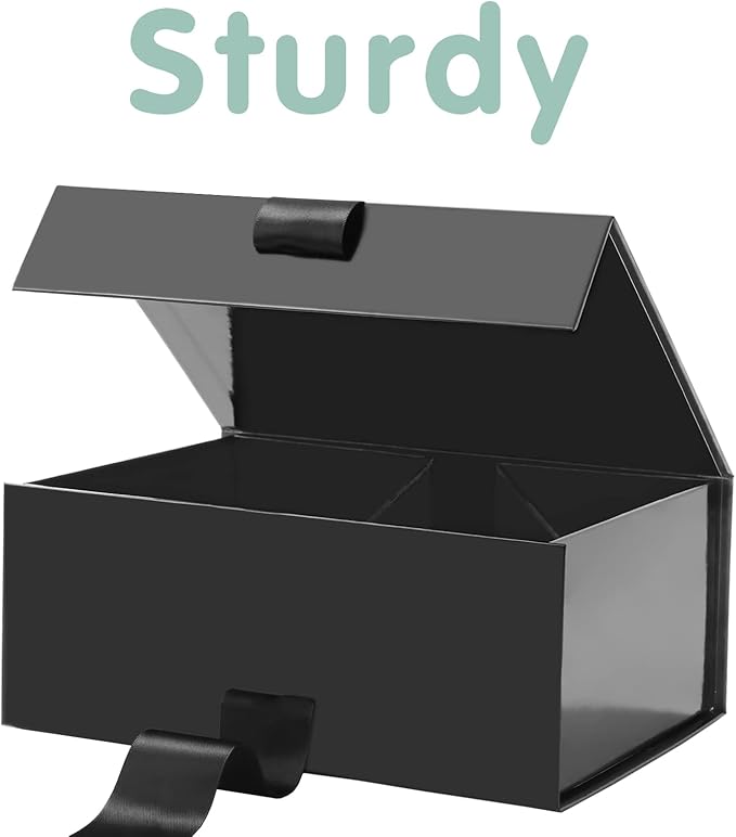 6 Black Gift Boxes with Lids, Gift Boxes with Ribbon 9x6.5x3.8 Inches, Groomsmen Proposal Boxes, Magnetic Gift Boxes for Presents (Glossy Black, Pack of 6)