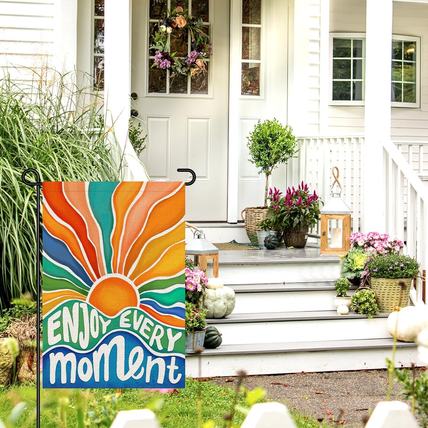 Enjoy Every Moment Summer Garden Flags for Outside Burlap 12x18 Inch Double Sided, Sunshine Sign Small Flag Farmhouse Holiday Yard Lawn Outdoor Decorations