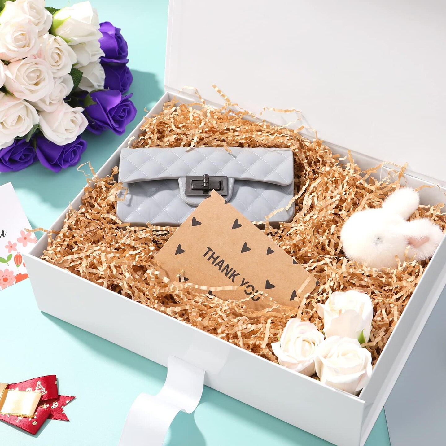Large Gift Box with Lid for Presents, Mom Day White Magnetic Gift Box with Ribbon, Bridesmaid Proposal Box, Luxury Gifts Box (Glossy White)